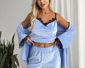 Velour Pajama Set Women, 3 Piece Lace Trim Lounge Set, Robe Cami Top and Pants, Velvet Sleep Set
