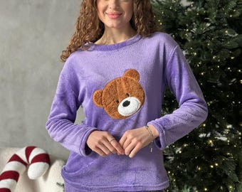 Women’s Plush Pajama Set, Soft Welsoft Fabric, Cute Bear Decoration, Cozy Winter Sleepwear, Comfortable Loungewear, Valentines gift