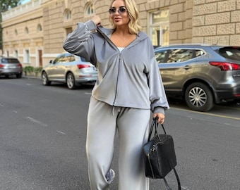 Conjunto de salón de terciopelo de talla grande para mujer, top y pantalones de terciopelo suave, chándal cómodo a juego, conjunto cálido y acogedor de dos piezas