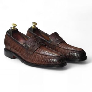 Handmade Men Python Texture Penny Loafer | Brown Leather | Red Sole | Goodyear Welt | Slip On Dress Shoes