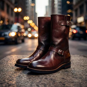 Puede incluir: Un par de botas de cuero marrón con hebillas. Las botas tienen una altura hasta la pantorrilla y una puntera redondeada. Las botas están sobre una superficie de piedra con un fondo borroso de calle de la ciudad.