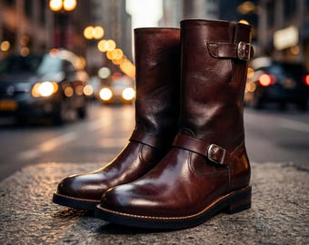 Botas de ingeniero de cuero hechas a mano para hombre / Botas de motorista con doble hebilla / Botas personalizadas