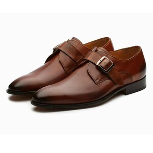Herren Single Monk Strap Lederkleid Schuhe Cognac Braun