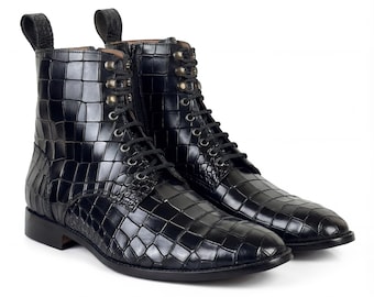 Handgefertigte Schnürstiefel aus Leder mit Krokoprägung | Benutzerdefinierte Frack Stiefel