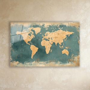 Vintage Weltkarte Glas Wand Kunst | Grunge Teal Atlas