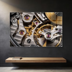 May include: A detailed view of a mechanical watch movement featuring intricate silver and gold-toned gears, metallic plates with brushed textures, and several small, vibrant purple synthetic rubies set within the complex internal mechanism.
