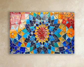 Mosaic Glass Wall Art | Geometric Mandala Print on Tempered Glass