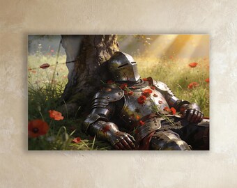 Dark Fantasy Kunst: Gefallener Ritter im Mohnfeld Mittelalterliche Rüstung Glasdruck Höhlenmensch