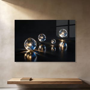 May include: A rectangular wall art print featuring four transparent glass spheres of varying sizes suspended or resting on a dark, reflective surface. The spheres catch and refract light, creating bright highlights and distinct shadows.