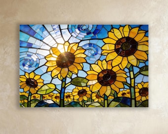 Stained Glass Art: Radiant Sunflower Field Landscape Tempered Glass Wall Decor Farmhouse Kitchen