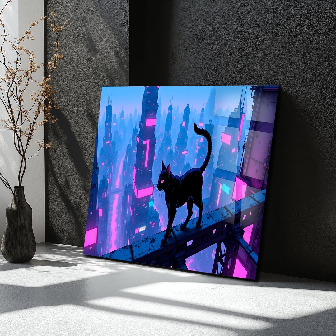 Cyberpunk Wall Art Black Cat Print Neon Cityscape Tempered Glass Decor ...