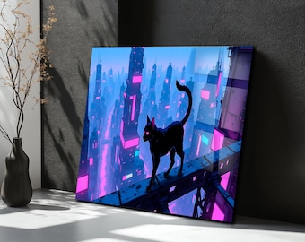 Cyberpunk Wall Art Black Cat Print Neon Cityscape Tempered Glass Decor For Gamer Room