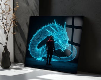 Arte de pared ciberpunk con diseño de guerrero futurista, motocicleta, neón, ciudad, impresión, decoración de vidrio templado