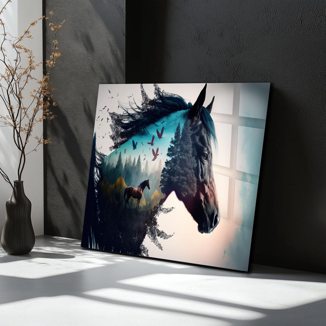 Double Exposure Horse Art: Moody Forest Landscape Tempered Glass Wall ...