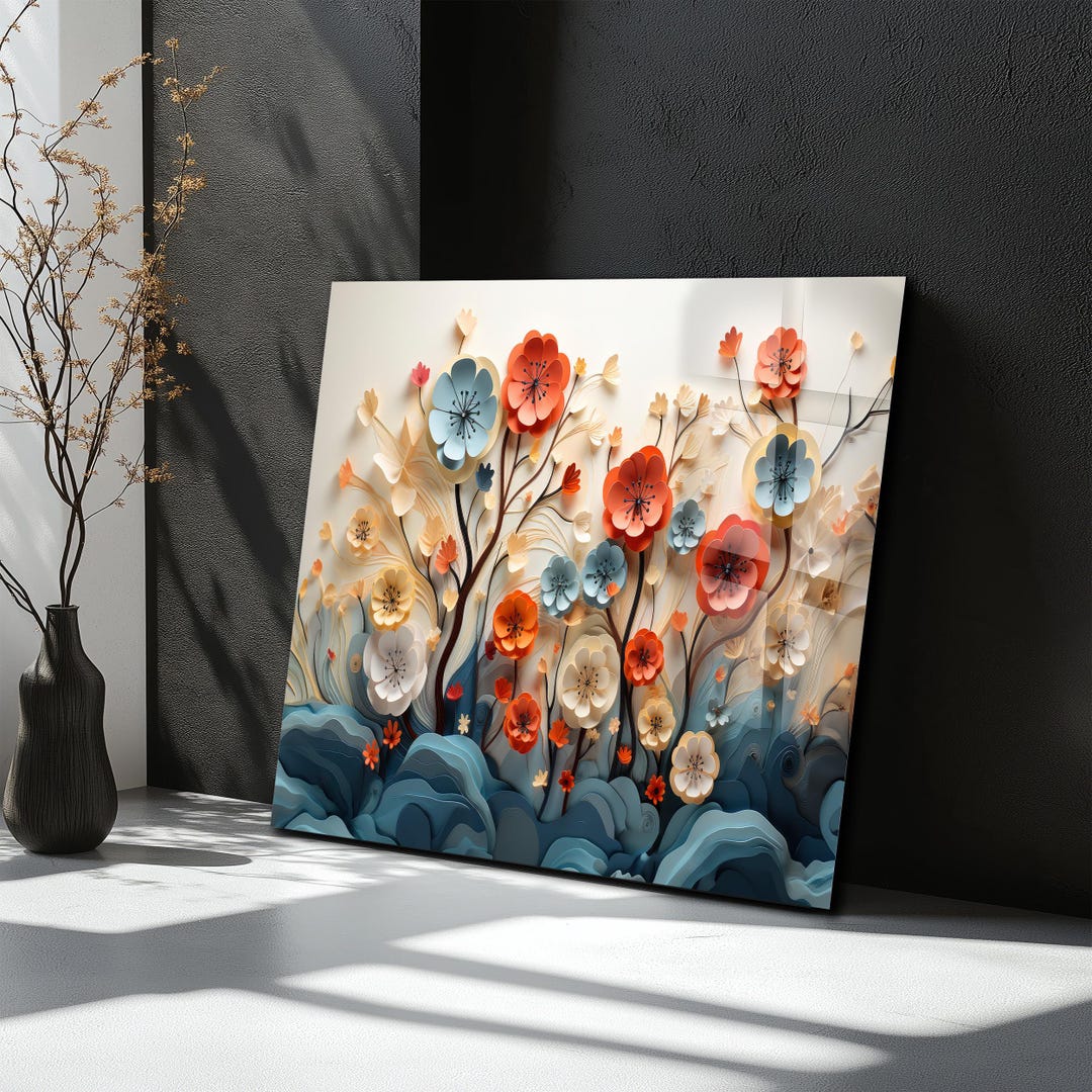 White Flower Glass Wall Art 3D Effect Floral Print Gold Accent Large ...