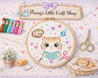 Kawaii Crafting Kitty Cross-Stitch Kit, Pastel Tabby Cat with Craft Tools DIY Cross Stitch Set