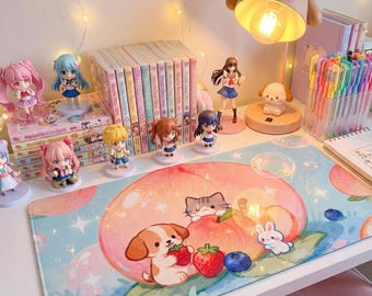 Kawaii Fruit Pet Desk Mat, Cute Pastel Animal Pattern XL Mousepad, Cozy Aesthetic Office Decor, Sweet Gift, Anime Style Pad
