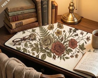 tapis de bureau botanique vintage, art ancien de fleurs sauvages, décoration cottagecore, tapis de souris XL parchemin Academia léger, cadeau floral victorien