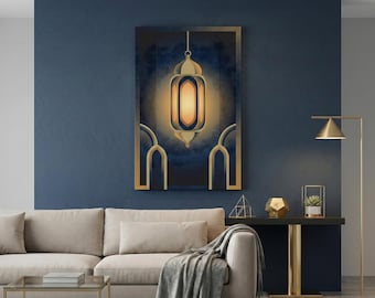 Art mural lanterne du ramadan, affiche numérique de l'Aïd Mubarak, décoration de nuit islamique, impression sur toile or bleu, décoration d'intérieur musulmane Fanoos, art islamique