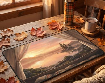 Camping Sunrise Desk Mat, Tent View Lake Art, Nature Lover Gift, Hiking Adventure XL Mousepad, Van Life Decor, Mountain Landscape