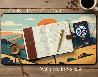 tapis de bureau paysage de voyage vintage, décoration de bureau moderne Mid-Century, tapis de souris Art nature rétro XL, cadeau collines ensoleillées, ambiance des années 1950
