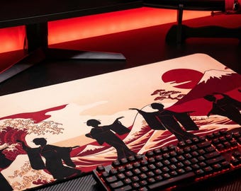 Japanese Ukiyo-e Desk Mat, Red and Black Shadow Art, Geisha Silhouette XL Mousepad, Traditional Woodblock Print Decor, Samurai Vibe Setup