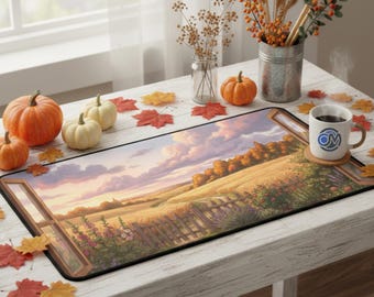 Cottagecore Landscape Desk Mat, Vintage Window View Art, Golden Hour Farmhouse Decor, Cozy Countryside XL Mousepad, Warm Nature Gift