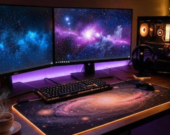 Tapis de bureau abstrait céleste, cadeau aura astrologie, tapis de souris XL cosmique or et bleu, décoration de bureau spirituel, art astronomie vintage
