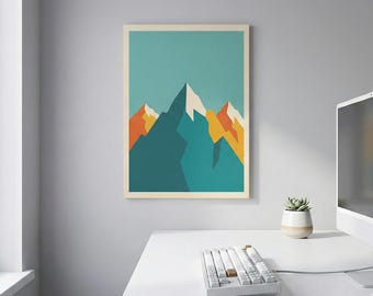 Toile de montagne minimaliste, art géométrique abstrait de la nature, affiche de paysage rétro, décoration murale orange sarcelle, impression numérique de cabane moderne