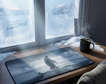 Tapis de bureau pingouin solitaire hyperréaliste, art cinématographique antarctique, tapis de souris XL, ambiance existentielle, cadeau esthétique froid, déco de bureau introvertie