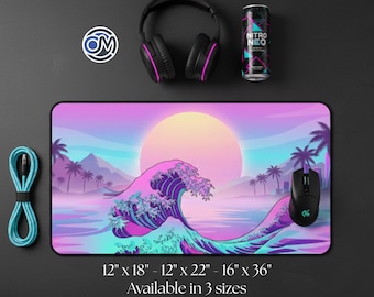 Tapis de bureau Synthwave Great Wave, tapis de souris XL art japonais Vaporwave, configuration de jeu rétro néon, cadeau esthétique anime Lofi, déco des années 80
