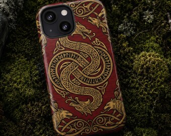 Viking Dragon Phone Case, Celtic Knotwork Norse Mythology Gift, Tough Case for iPhone 17 16 15 14 Pro Max, Gold Crimson Medieval Aesthetic