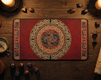 Tapis de bureau mythologie nordique, art du vortex noeud celtique, tapis de souris XL Viking loup dragon, décoration or cramoisi, cadeau D&D Dungeon Master, tapis ancien