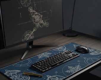 tapis de bureau plan scientifique vintage, art mécanique de Noël, flocon de neige géométrique XL tapis de souris, cadeau d'ingénieur, déco académique sombre