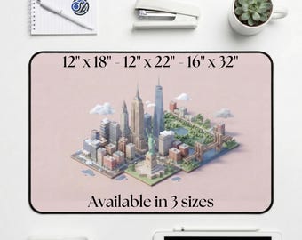 Tapis de bureau isométrique New York City, joli tapis de souris XL NYC miniature 3D, décoration de bureau monuments dessin animé, configuration Kawaii, cadeau souple