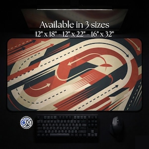 May include: A large rectangular mouse pad with a retro racing design in red, cream, and navy blue. The design features arrows and curved lines. The text "Available in 3 sizes" is at the top, with size dimensions in inches.