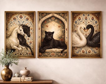 Lot de 3 oeuvres d'art murales animalières d'inspiration moghole, impressions cheval cygne panthère, mur de galerie vintage maximaliste, décoration ottomane, téléchargement numérique