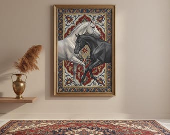 Art mural chevaux majestueux, toile à motif ottoman, décoration animalière Art déco, impression numérique cheval gris et noir noble, décoration murale orientale vintage