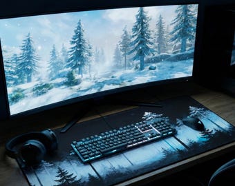 Tapis de bureau forêt hivernale nordique, art motif rune viking, déco scandinave sombre, tapis de souris XL mystique, cadeau gamer minimaliste, configuration bleu anthracite