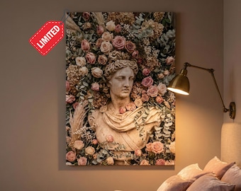 Buste en marbre grec, art mural fleurs séchées, décoration maximaliste romantique, toile dorée rose poudré antique, art de la déesse botanique céleste