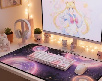 Tapis de bureau céleste aura rose, art astrologique quartz rose, tapis de souris esthétique Coquette XL, déco de bureau sorcière, cadeau spirituel, carte des étoiles dorées