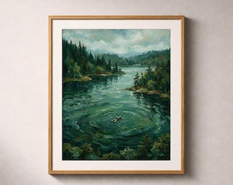 Impression d'art mural Moody Forest Lake, affiche de paysage pictural émeraude, décoration nature surréaliste, décoration de cabine vert foncé, téléchargement numérique