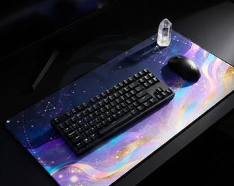 Tapis de bureau Aura cosmique, art de l'énergie du zodiaque, ciel nocturne mystique XL, tapis de souris, cadeau pour amateur d'astrologie, décoration galaxie irisée, configuration spirituelle