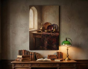 Art mural ottoman nature morte, décoration turque vintage, impression de peinture de mauvaise humeur, tapis ancien et art en laiton, toile numérique tons chauds, cadeau culturel