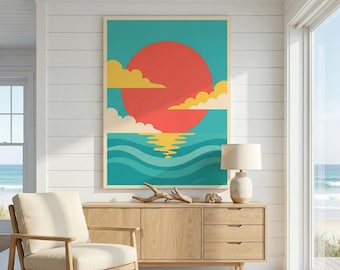 Impression minimaliste coucher de soleil, art mural abstrait océan, vagues de style japonais, affiche de plage rétro, décoration d'intérieur côtière, art numérique corail et sarcelle