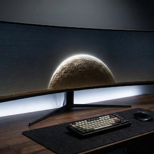 May include: A curved black computer monitor displaying a celestial image of a planet and stars. The monitor sits on a desk with a keyboard, mouse, and mousepad. The monitor has a thin bezel and a sleek, modern design.