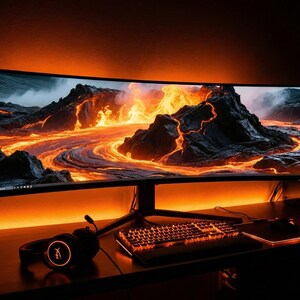 Könnte beinhalten: Ein gebogener Computermonitor zeigt eine feurige Lavawelt. Eine beleuchtete Tastatur, Maus und Headset mit Mikrofon befinden sich auf dem Schreibtisch. Die Szene wird von orangefarbener Umgebungsbeleuchtung beleuchtet, wodurch ein Gaming-Setup entsteht.