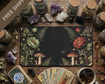 Vintage Botanical Desk Mat, Dark Academia Decor, Antique Mushroom Fern XL Mousepad, Moody Cottagecore Gift, Black Office Setup