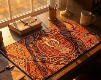 Celtic Goddess Desk Mat, Fiery Orange Tapestry Art, Pagan Wiccan Decor, Fire Deity XL Mousepad, Celtic Knotwork Gift, Imbolc Altar Mat
