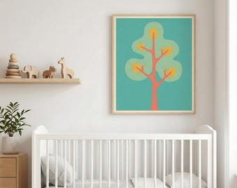 Toile d'arbre minimaliste, art mural botanique abstrait, impression végétale rétro, décoration orange sarcelle, affiche nature scandinave, art design plat moderne